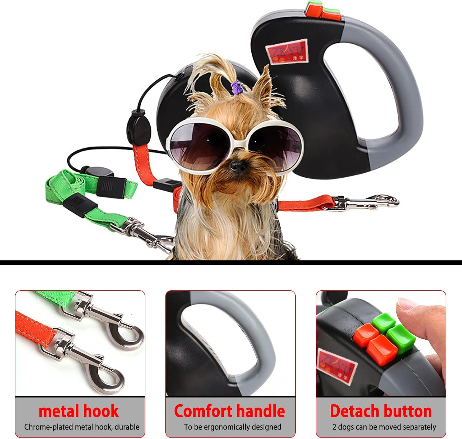 Double Dog Leash Lead 360&deg;No Tangle Heavy Duty Retractable Pet Leash Climbing Rope Material for Walking 2 Dogs image number 4