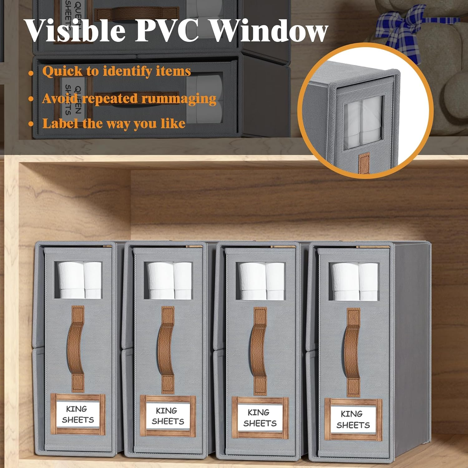 Bed Sheet Organizers and Storage,Foldable Sheet Organizer for Linen Closet,Linen Bedding Storage Box with Leather Handle for Bedsheets,Flannel Blankets,Thin Quilts (Gray, 4 Pack) image number 3