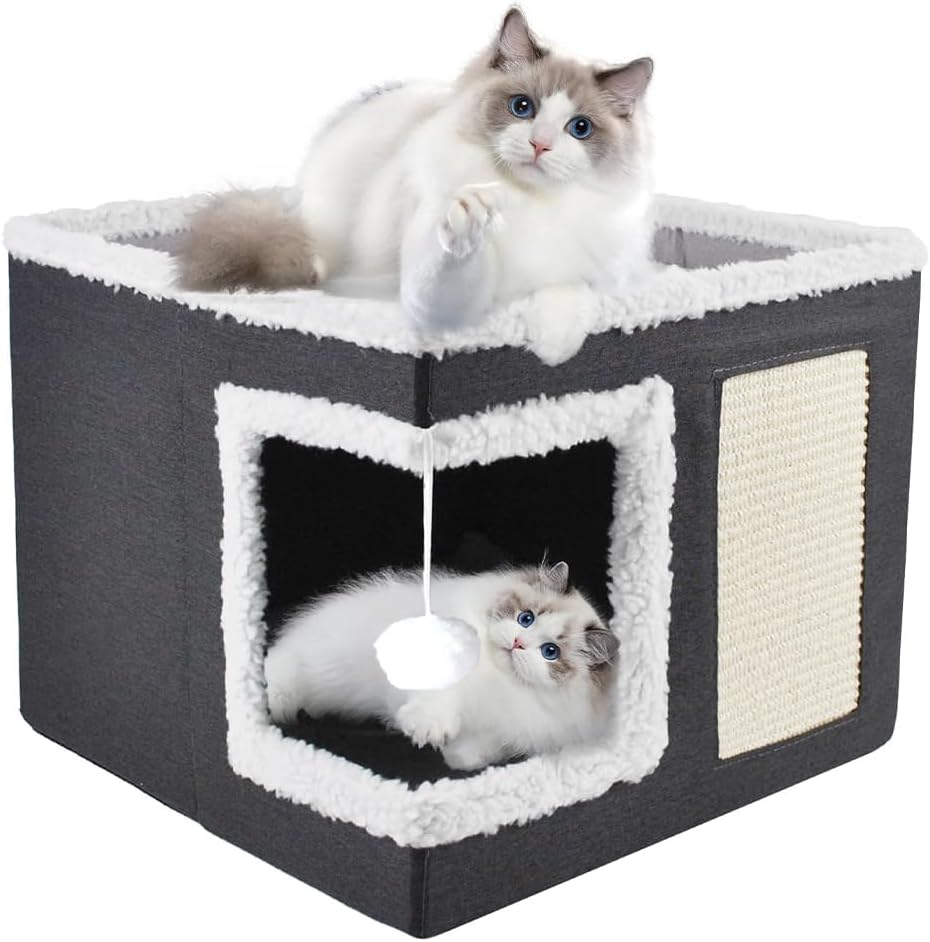 Double Layers Cat & Dog Bed with Removable Mattress, Plush Foldable Pet House, Large Covered Cat Beds Cave & Furniture, Stylish Modern Design for Home Apartment Kitten Kitty Small Pet (41X41X35Cm) image number 3