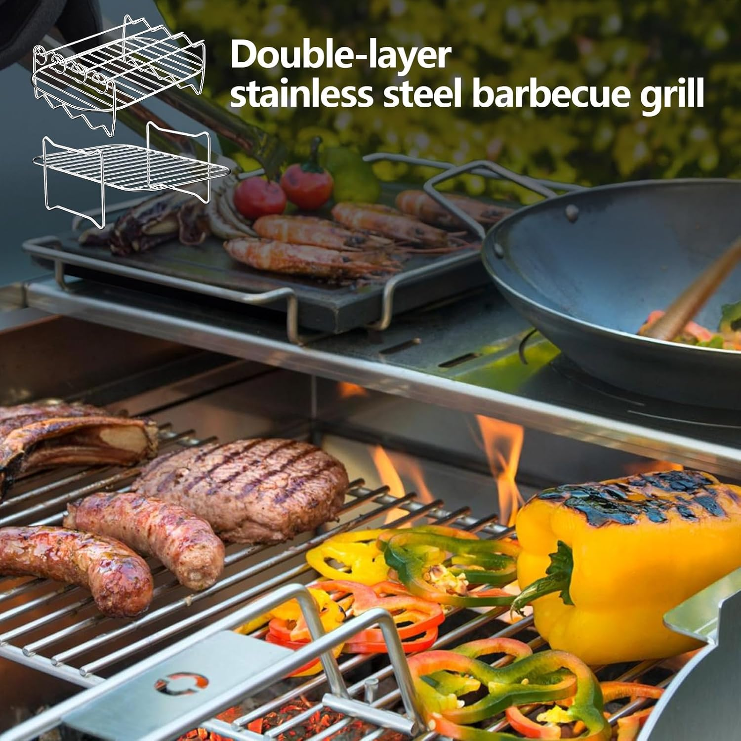 BBQ Grill Rack,Stainless Steel Double Layer Rack for Cooking | Stainless Steel Grill Expander Rack for Hiking, Camping, Outdoor and Travel image number 3