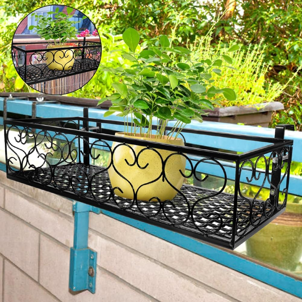 Plant Stand, Metal Hanging Basket, Portable Fence Planter Tray, Small Flower Pot Holder, Flowerpot Holder with Hooks, Storage Rack for Indoor Outdoor Use (Black, 30 * 20 * 11.5 CM) ﻿ image number 2