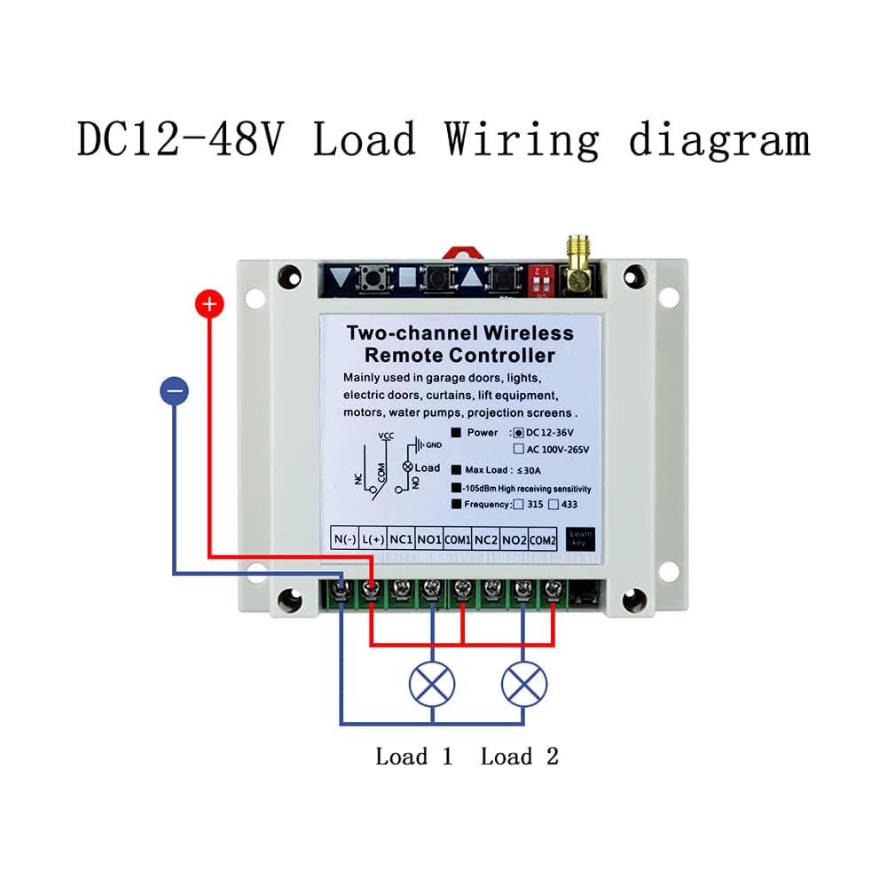Wireless Control Switch DC 12V 24V 36V Motor Forward and Reverse Switch, 2 Channel 30A Relay Remote Control Learning Switch Use for Garage Doors, Window, Motor & More image number 6