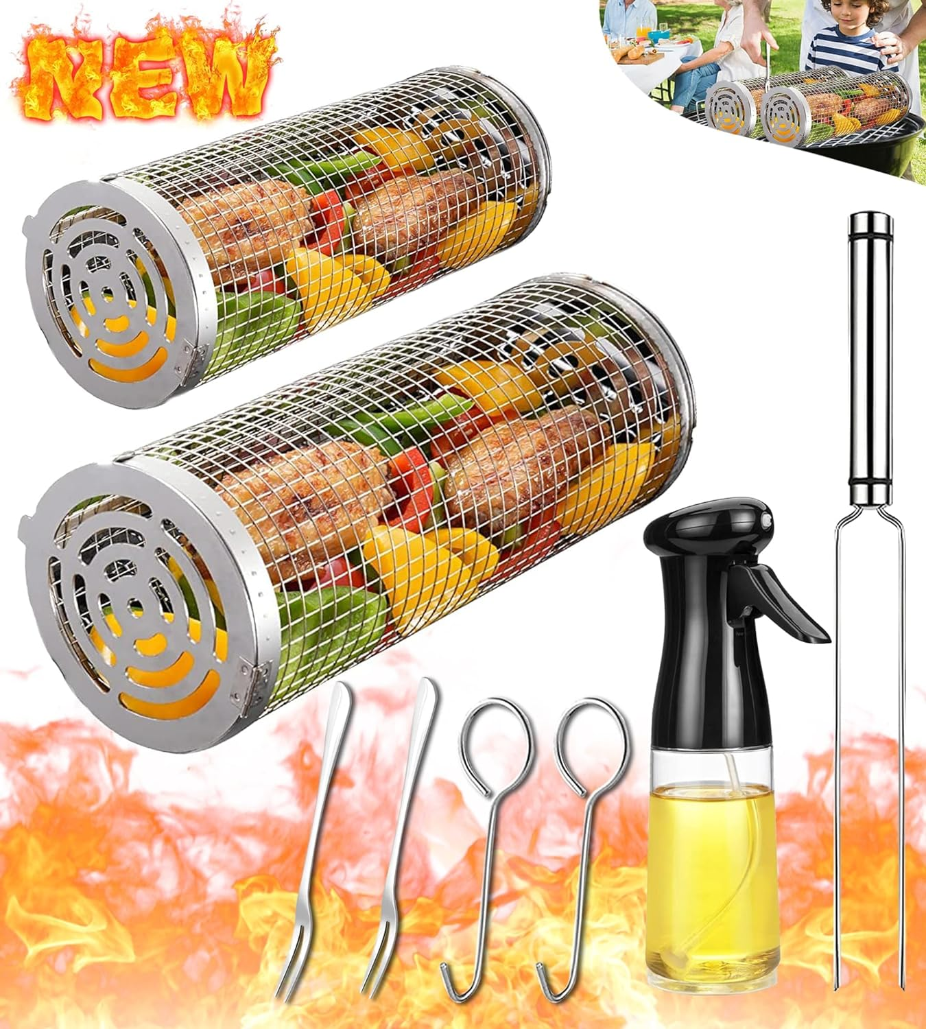 Stainless Steel Rolling BBQ Grill Basket - Large Mesh Cage for Vegetables Fish Meat - Camping Accessories BBQ Tools - Fathers Day & Birthday Gifts for Mens Dad Husband - Outdoor Cooking Gear image number 1