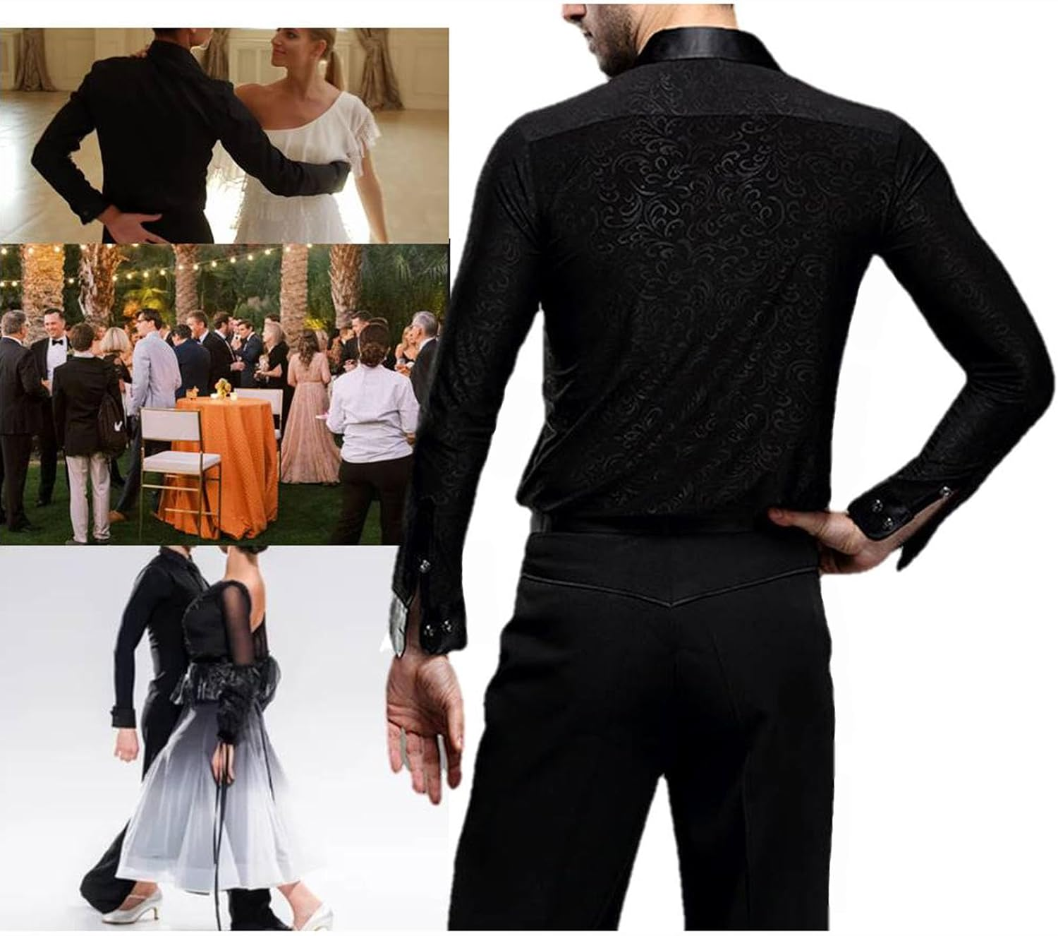 Men Professional Black Noble Dark Stripe Long Sleeves Latin Salsa Samba Chacha Modern Dance Shirts