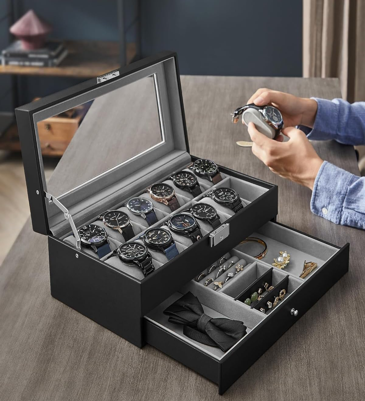 Haundry 12 Slot PU Leather Lockable Watch Storage Boxes, Men & Women Jewelry Display Drawer Case, 2-Tier Organizer Watch Showcase with Glass Lid image number 4