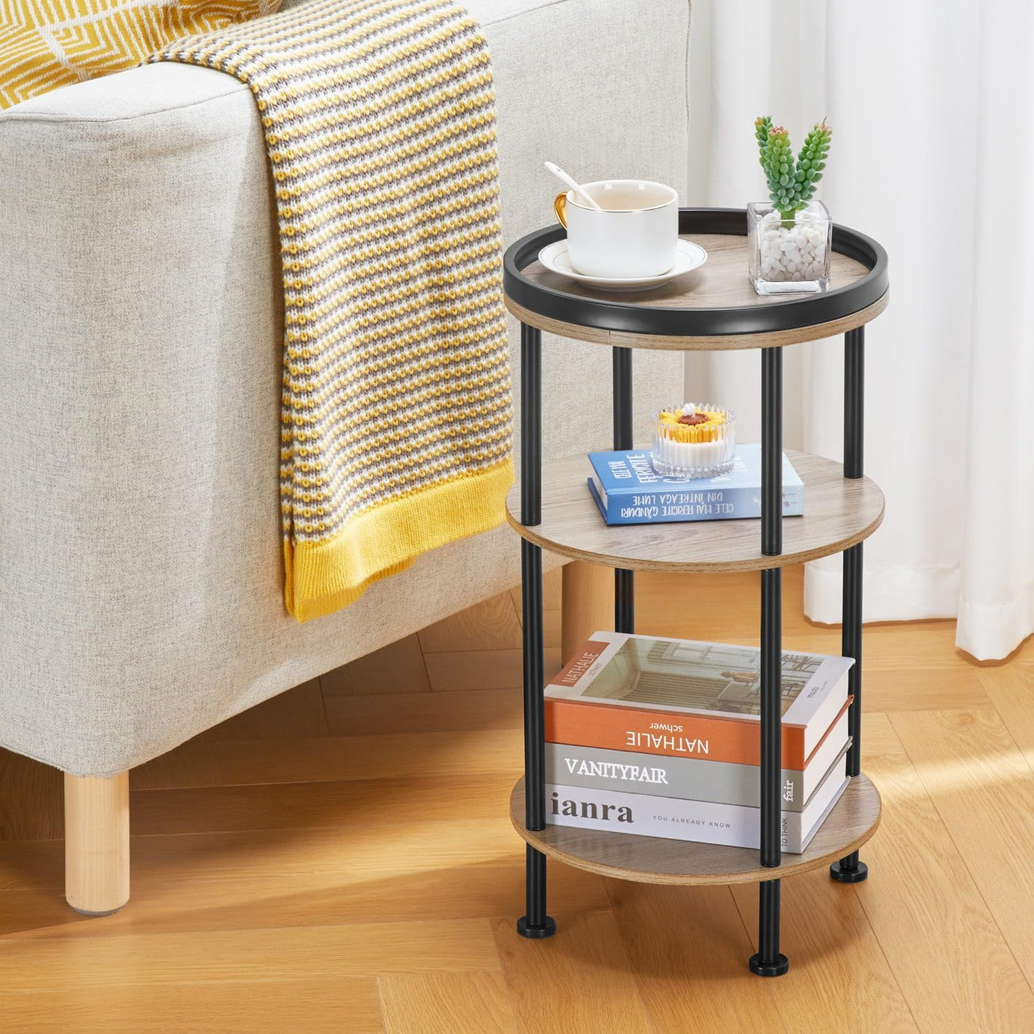 Side Table, 3 Tiers, round Night Table, Width 11.8 X Depth 11.8 X Height 21.7 Inches (30 X 30 X 55 Cm), Living Side Table, Bedside Table, Mini Table, Folding Side Table, Wood Grain Table,