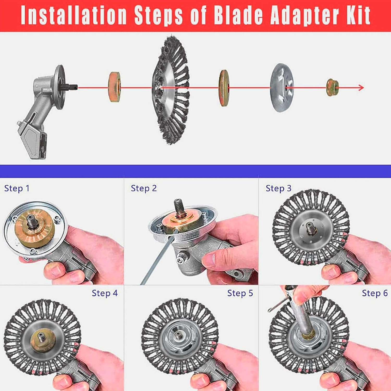 8 Inch Steel Wire Rotary Brush Cutter Trimmer Head Weed Blade Cutter with Adapter Kit Compatible with Husqvarna-Stihl-String-Trimmers, Gardening Lawnmower, Moss Grass Rust Removal