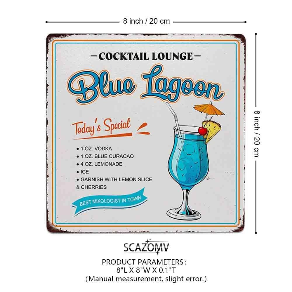 Cocktail Poster Vintage Metal Signs, Blue Lagoon Cocktail Recipes Tin Sign Decoration Bar Accessories Hanging Crafts Home Kitchen Pub Man Cave Wall Art Decor 8X8 Inch - Color060702 image number 3