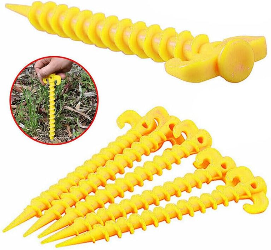 AIMALL 10PCS Screw Tent Pegs Ground Stakes Spiral Nails Plastic Tarp Outdoor Camping- Strong Plastic Ground Nails, Ultra-Light, Rust-Proof - Yellow, 7.87X1.77 Inches image number 2
