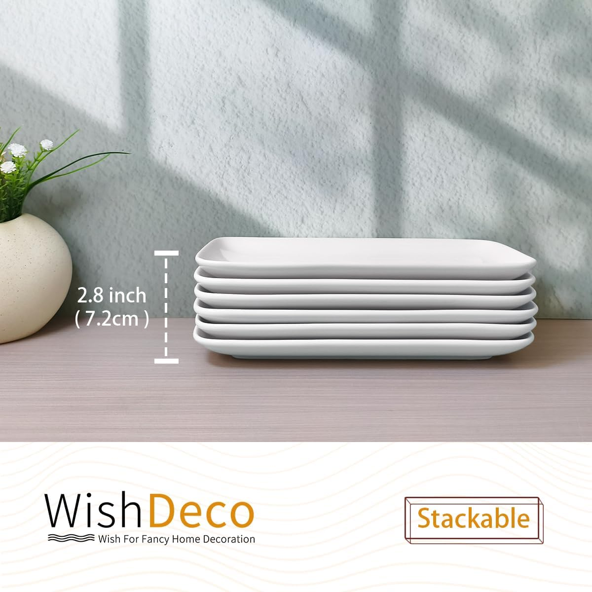 Ceramic Rectangle Plates Set of 6, White Serving Platters, 23.5 Cm Small Serving Plates, Porcelain Party Plates for Appetizer, Dessert, Salad, Sushi, Snack, Cake
