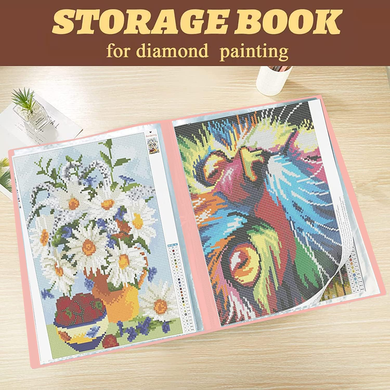 2Pcs A3 Diamond Art Painting Storage Book, Diamond Art Portfolio Folder with 30 Pags Clear Pocket Slevees Protectors, A3 Storage Book with Handle,Large Artwork Report Sheet Letter Poster Storage Bag - Green,Transparent image number 4