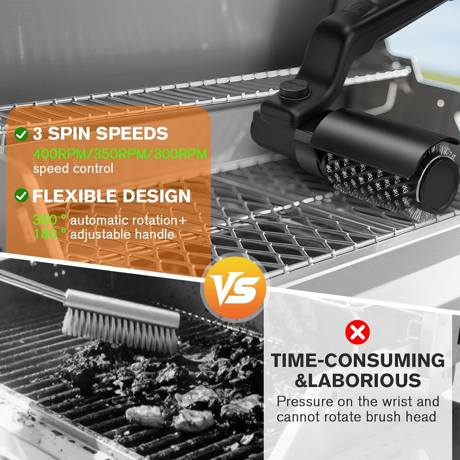 Electric BBQ Grill Cleaner Brush with Scraper, 3-Speed Power Scrubbing with 180&deg; Adjustable Head, Rechargeable and Replaceable Brush Heads for Outdoor Grills Cleaning, Max 400RPM image number 6