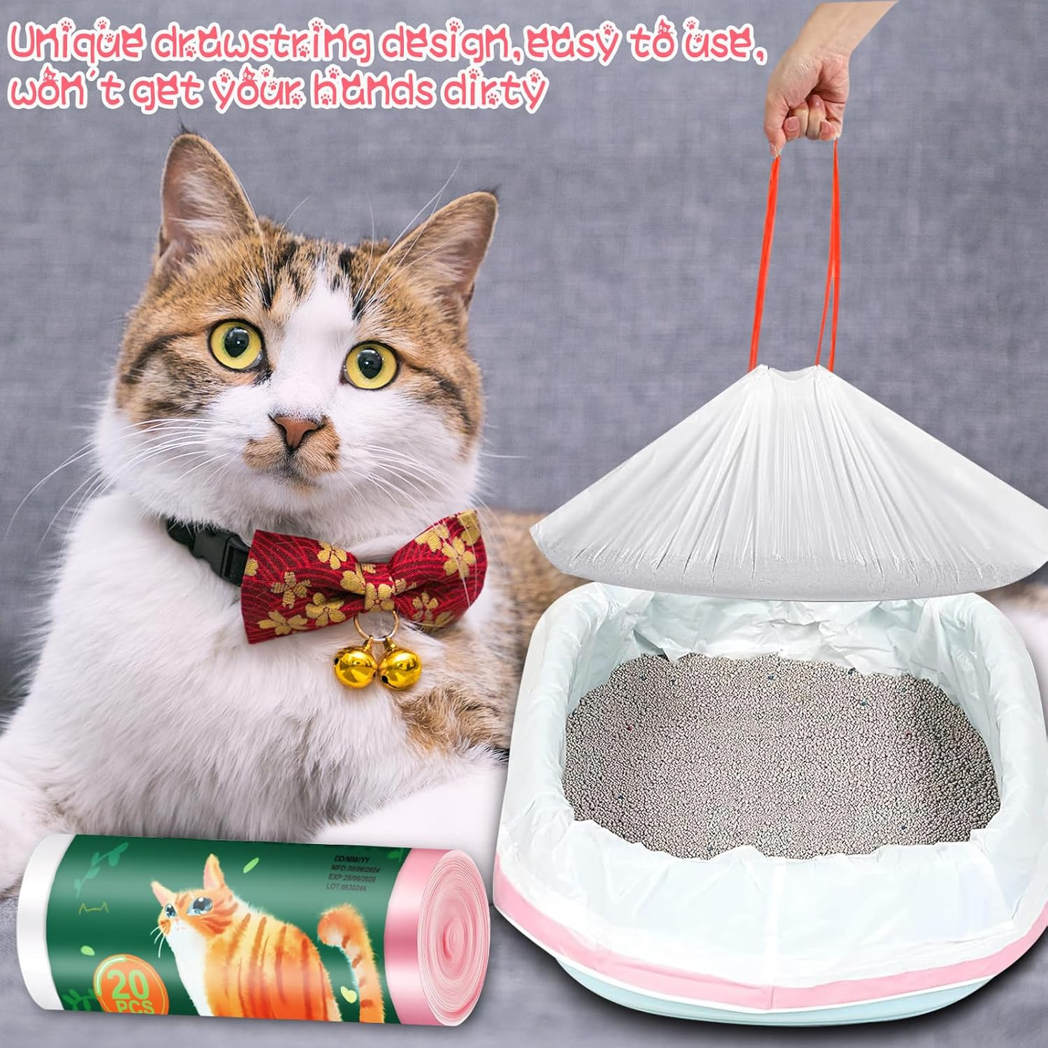 Cat Litter Box Liners, 120 Pack Kitty Bags, 21.6"X11.8" Unscented Drawstring Thick Disposable Litter Box Bags, Leak Proof for Litter Box