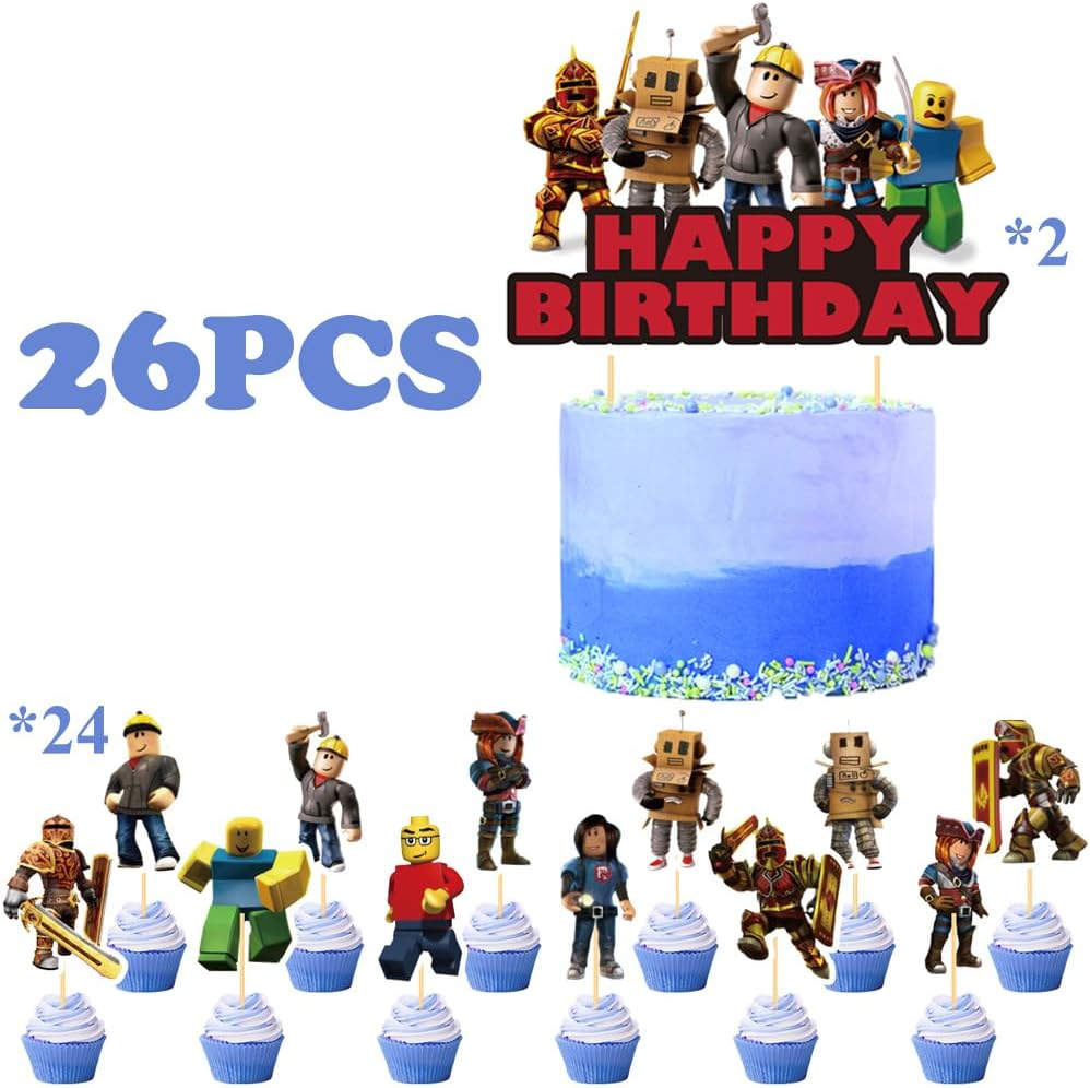 YGCHEN Cake Decoration for Roblox Cupcake Topper, Robot Birthday Cake Decoration, Video Game Cake Decoration, Happy Birthday Cake Topper, Children'S Birthday Cake Decoration, Pack of 26 image number 6