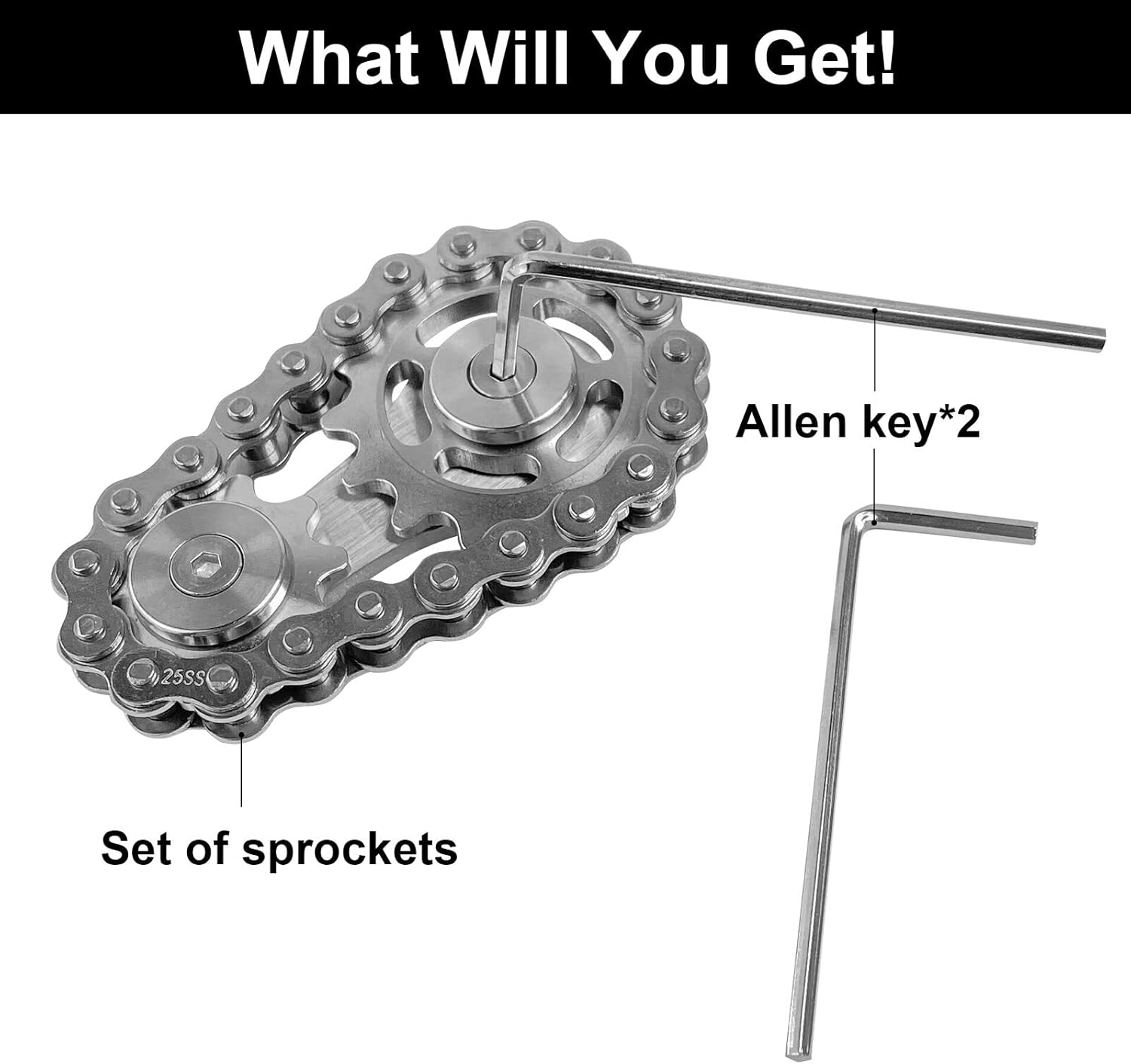 Bike Chain Gear Fidget Spinner, Metal Sprocket Chain Fidget Toy, Stress Anxiety Relief Fidget Toy, Stainless Steel Durable Mechanics W/Smooth Bearings EDC Novelty Toy (Silver) - Gun-Metal Plating Sprockets image number 6