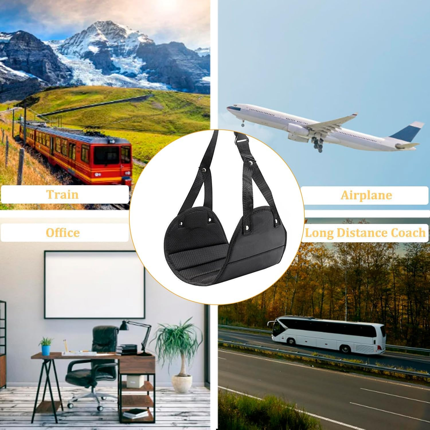 Adjustable Airplane Foot Rest for Travel - Portable Flight Footrest with Detachable Hammock, Lightweight Carry-On Foot Rest Accessories, Ergonomic Height Adjustment (Black) image number 3