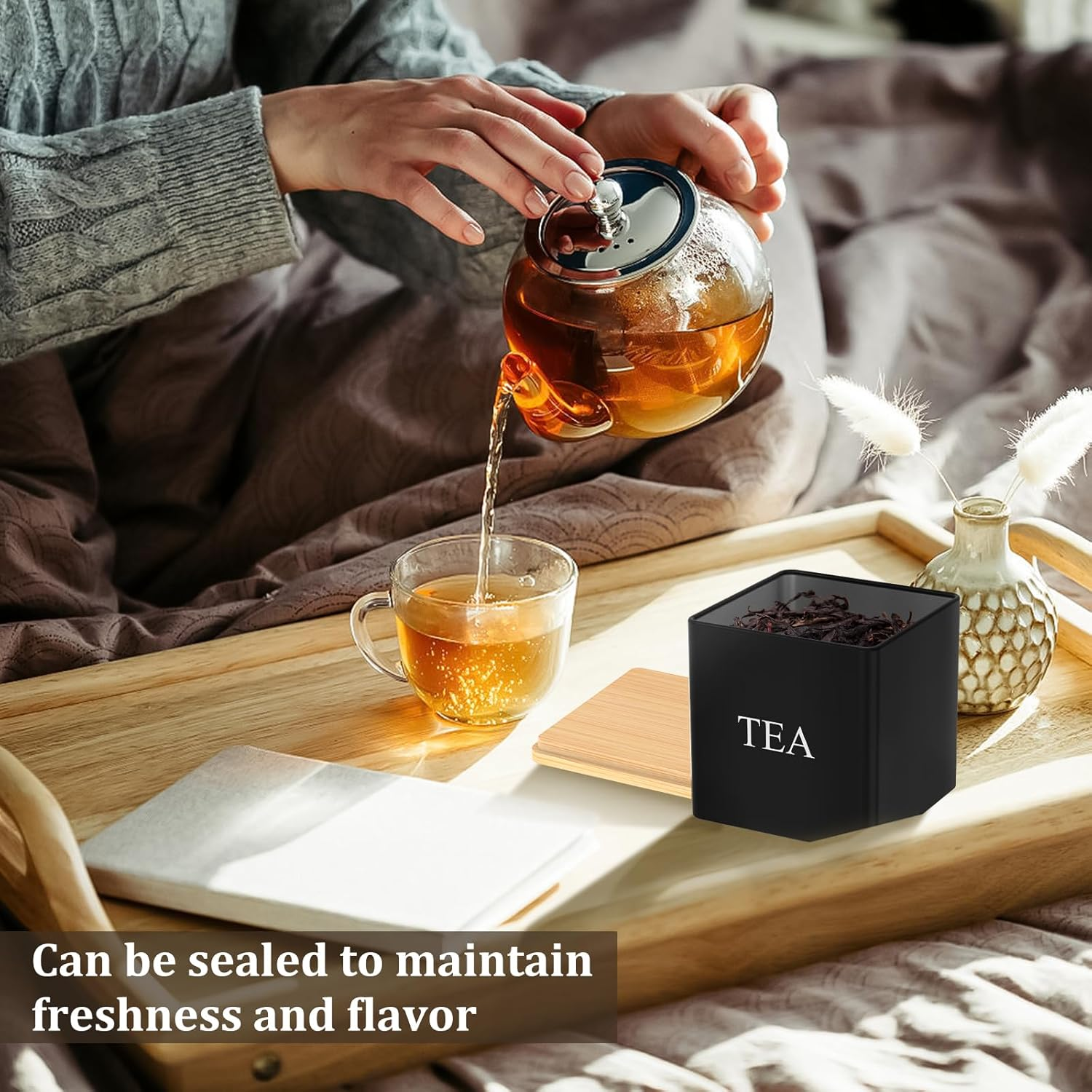 3Pcs Tea Sugar Coffee Canister Set with Bamboo Lids, Large Capacity Tea Sugar Coffee Container Set Sealed Space Saving Jar Set (Black)