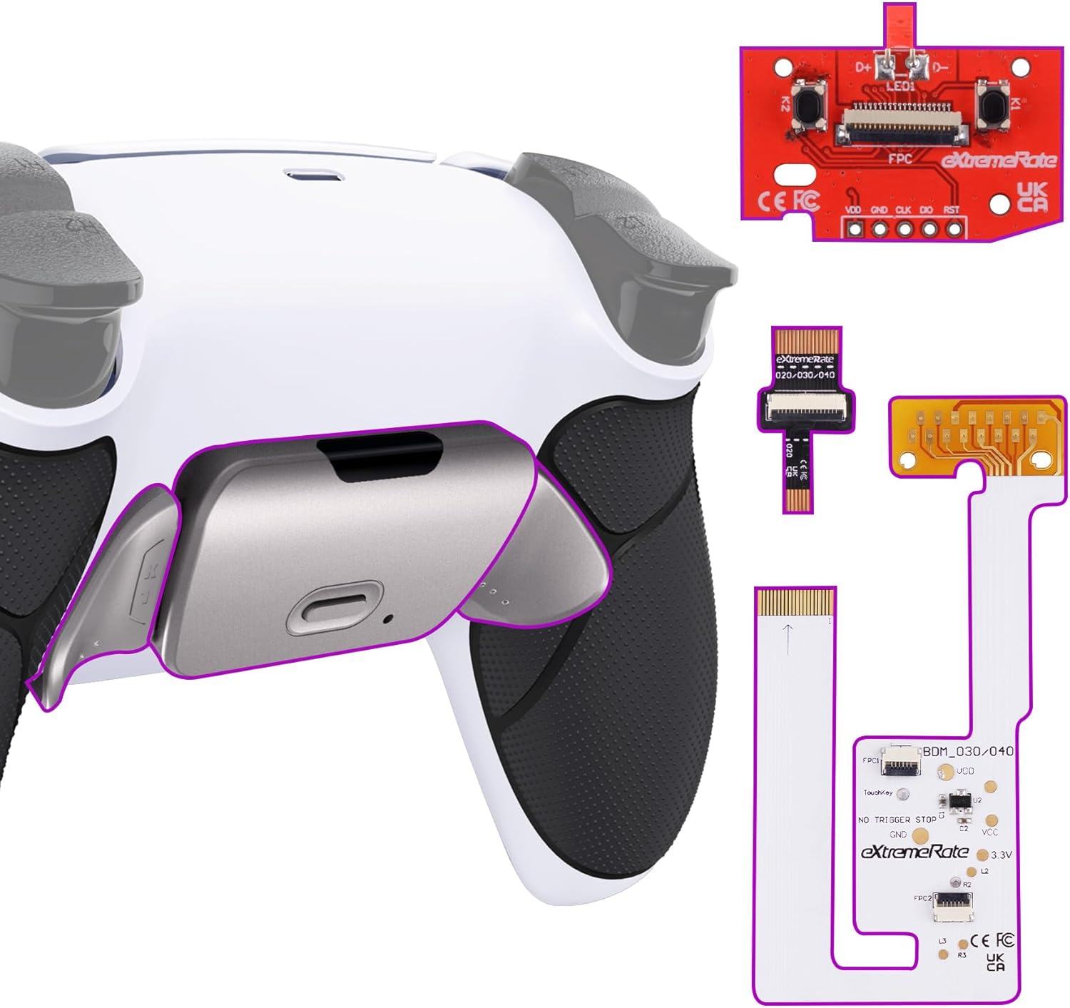 Extremerate Silver Real Metal Buttons RMB Rise V3 Remap Kit for PS5 Controller BDM-030 040 050, Black Rubberized Grip White Bottom Shell Upgraded Programable Back Buttons Set for PS5 Controller image number 2