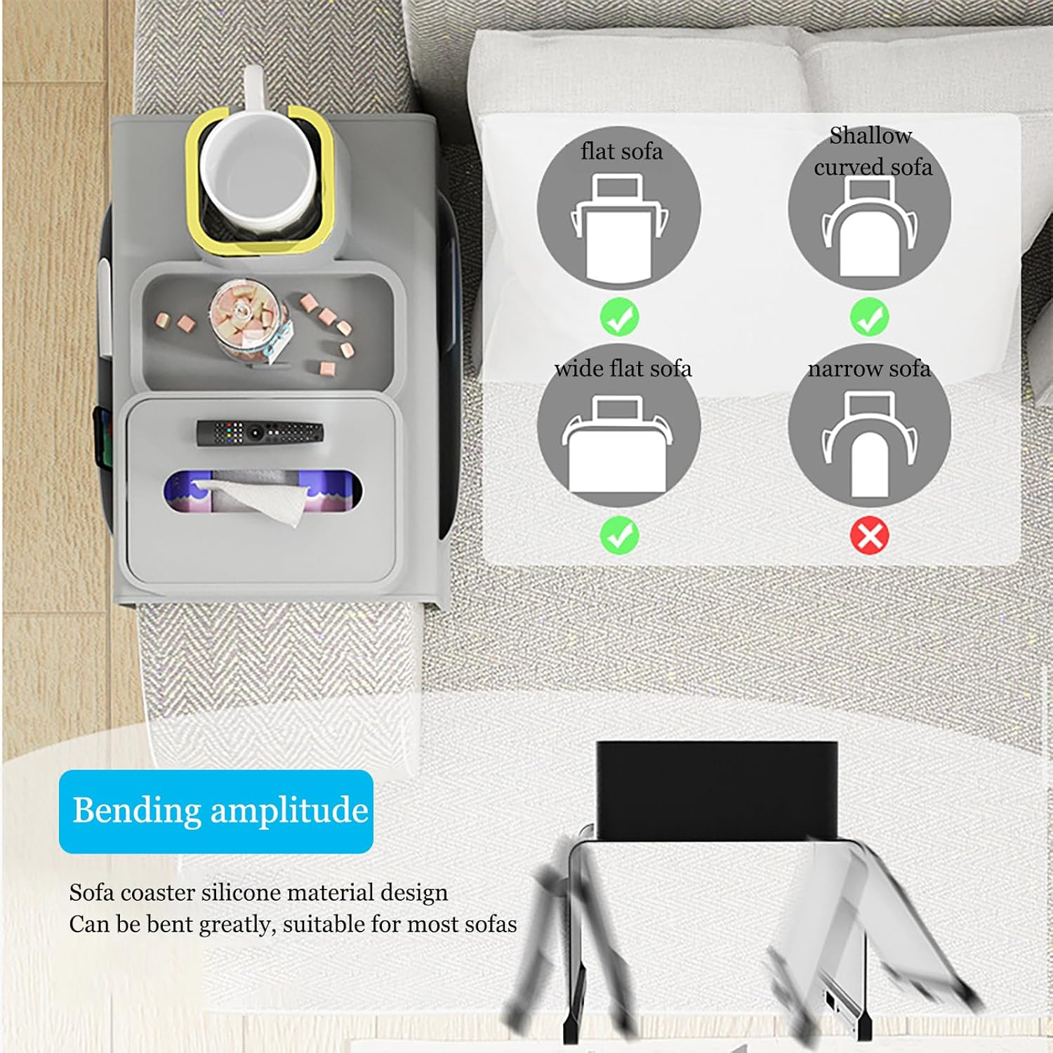 Couch Cup Holder Tray, Silicone Sofa Armrest Drink Holder, Anti-Spill Anti-Slip Couch Arm Tray for Cellphone, Snacks and Remote, Dirt-Resistant image number 5