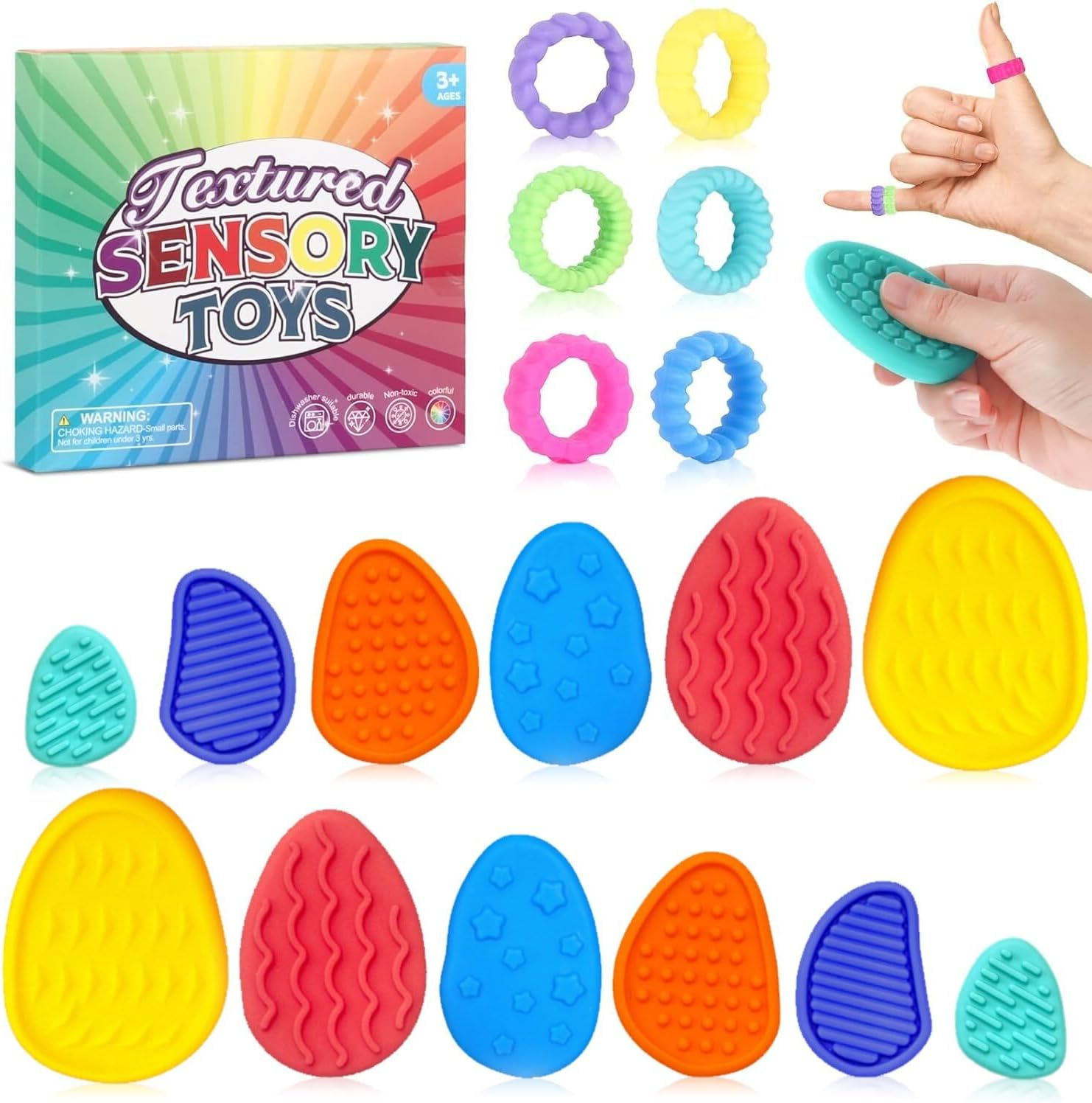 18 Pack Sensory Fidget Toys Set for Kids with Textured Soft Sensory Stone and Fidget Rings Textured Fidgets for Autism ADHD Kids Calming - Fidget Stress Toys for Anxiety Relief (Color Random) image number 5