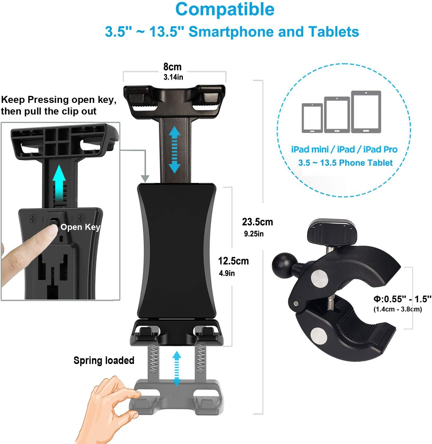 Microphone Music Stand Tablet Smartphone Holder Mount Heavy Duty 360 Degree Swivel Clamp Compatible with 3.5 to 13.5In Phone Tablets, Ipad Pro 12.9 11 10.5 Air Mini, Surface Galaxy Tab, Iphone Galaxy