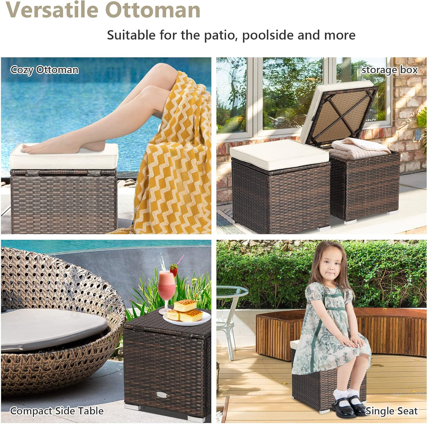 Costway 2-Pieces Patio Ottomans, Outdoor Hand-Woven PE Rattan Side Table W/Removable Cushion & Hidden Storage Space, Footrest, Storage Box, Seat for Patio, Backyard, Poolside (White (Cushion)) image number 3