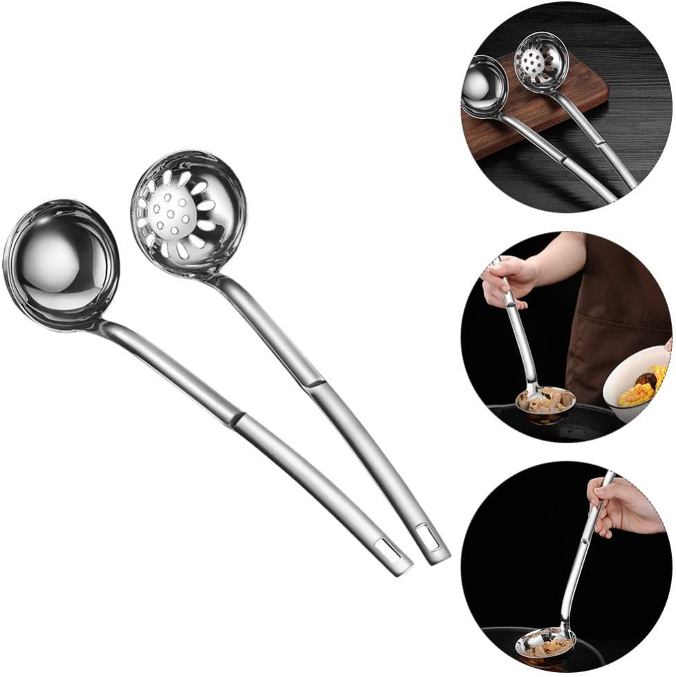 Cabilock 2Pcs Stainless Steel Handle Soup Scoop and Slotted Spoon Ergonomic Kitchen Utensils for Cooking and Serving Easy to Clean Prevents Spills Convenient Storage Hook image number 1