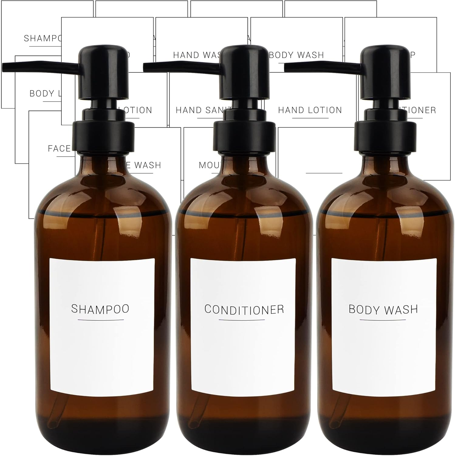 Set of 3 Amber Glass 16.9Oz Soap Dispensers with 22 White Labels Bathroom Liquid Bottle Container with Black Pump