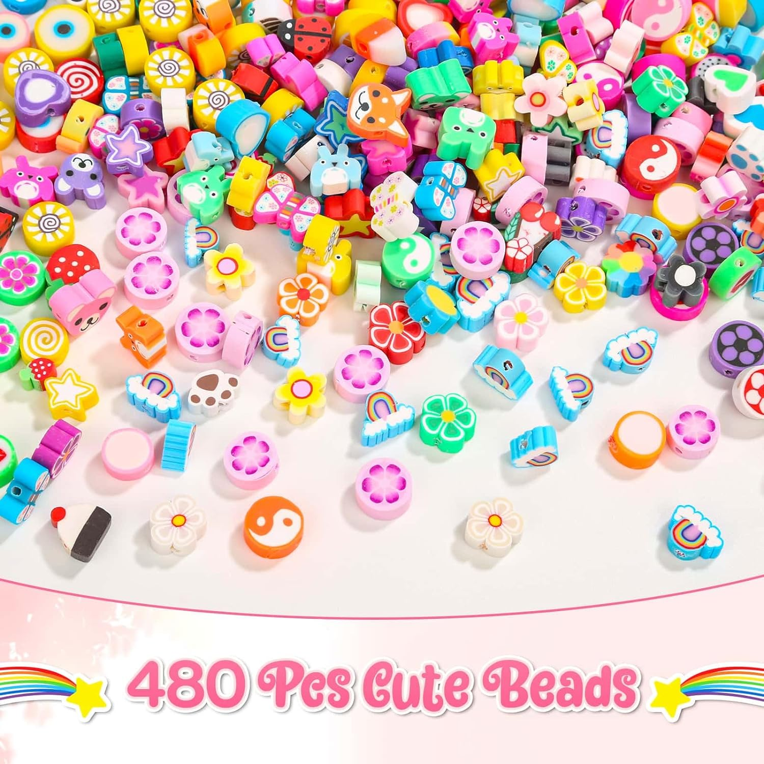 Thrilez 480 Pcs Fruit Flower Polymer Clay Beads, 24 Styles Clay Bead Charms for Bracelets Making, Jewelry Making, Necklace and Earring with Elastic String image number 5