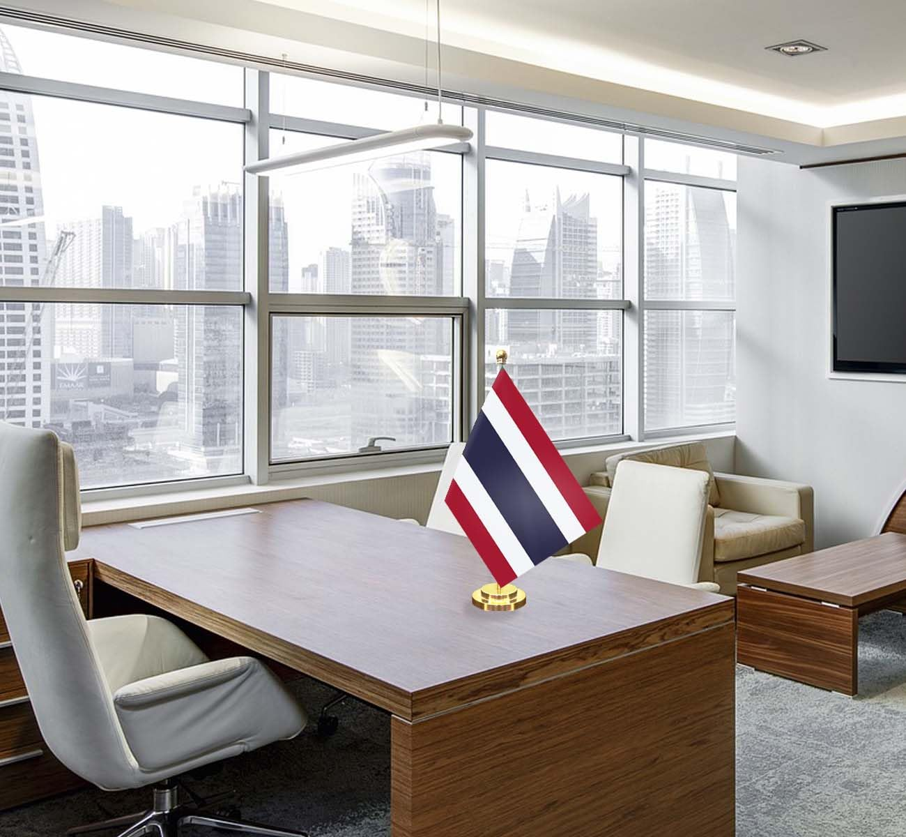 Thailand Desk Small Flag Set,5&times;8 Inch Mini Thai Desktop Banner,12" Metal Solid Pole Decor,Tiny Digital Printed Polyester Banner with Golden Base image number 1