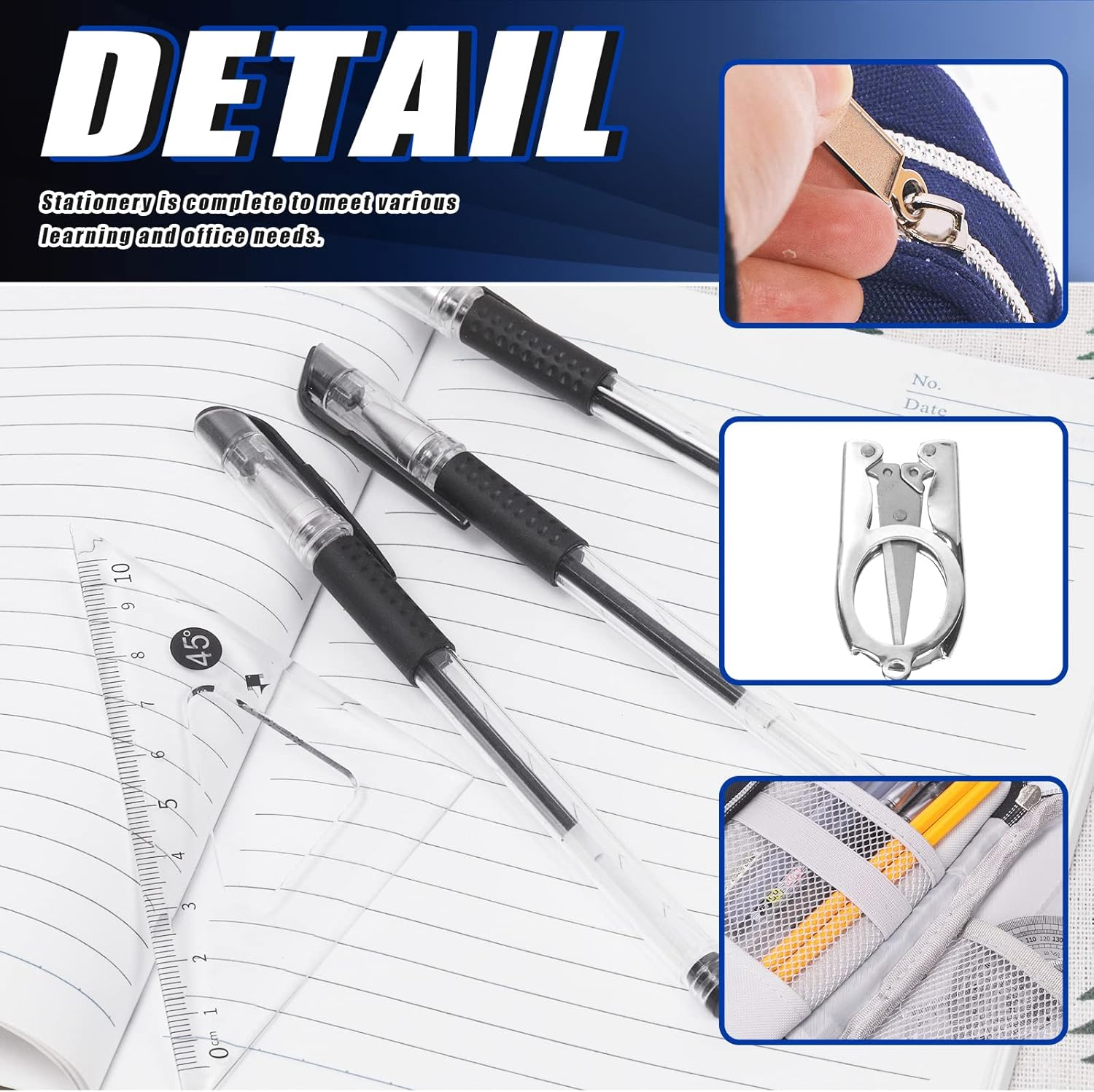 Glarks 19Pcs Multi-Purpose Pencil Case School Stationery Set Includes Large Capacity Pen Pouch Bag, Mechanical Pencil, Lead Refill, Gel Ink Pen, Scissors, Ruler, Sharpener, Eraser for School Supplies image number 2