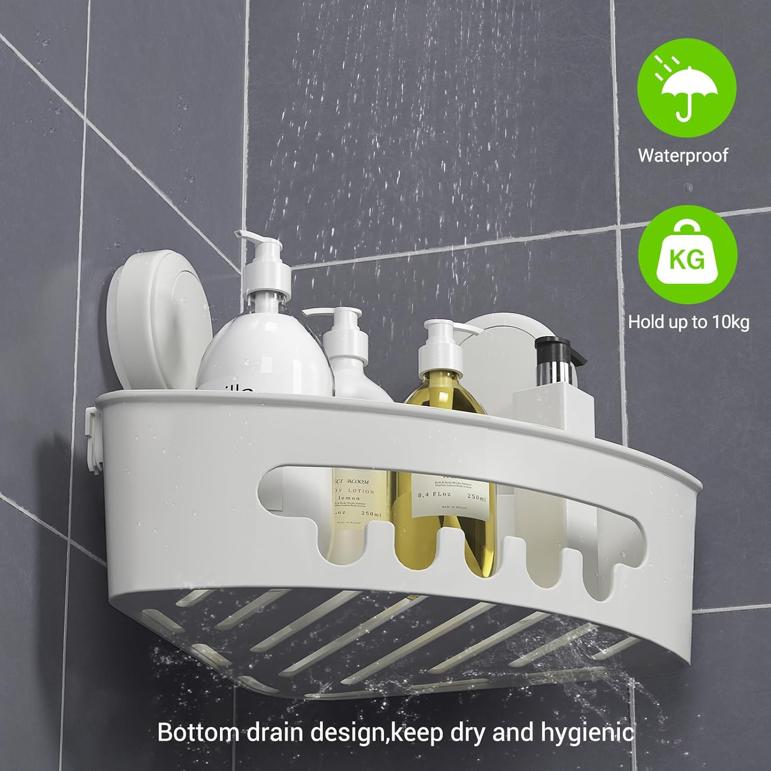 Ilikable Corner Shower Caddy, Vacuum Suction Cup Shower Organizer No-Drilling Removable Shower Shelf with Hooks Wall Mounted Corner Shower Storage Basket for Shampoo Conditioner Razors Soap - White image number 1