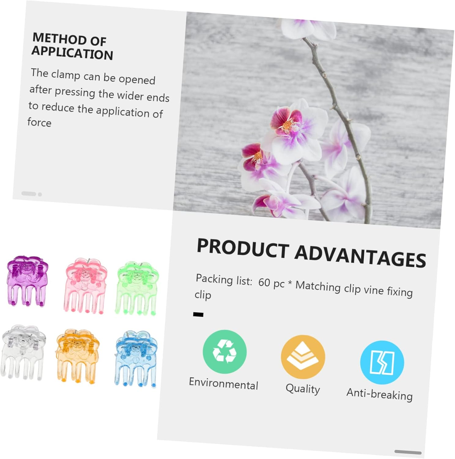 Orchid Stem Support Clips 60Pcs Small Plastic Plant Clips for Gardening Climbing Vines Flower Pots Stem Bending Fixing in Mixed Colors for Garden Plants image number 6