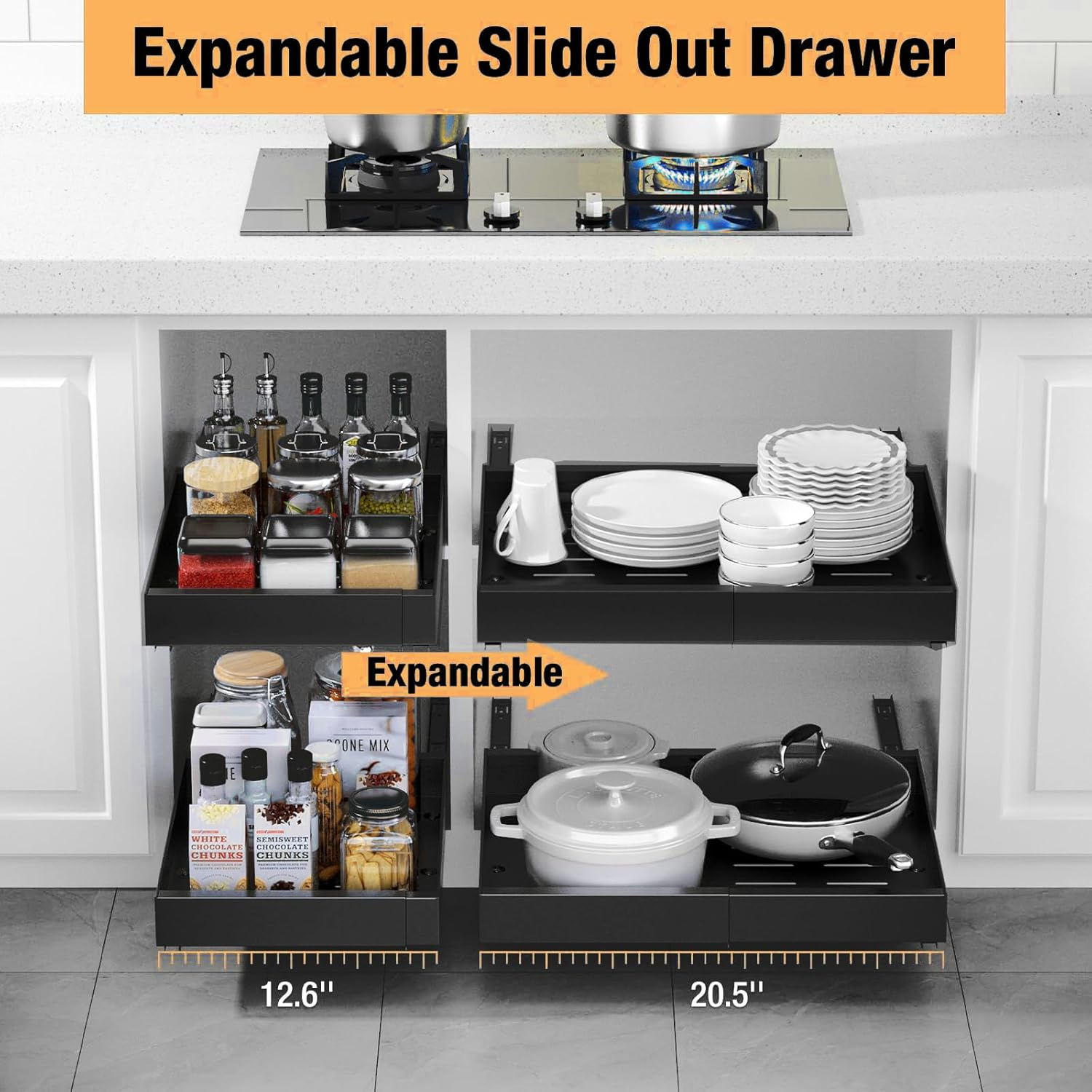 2 Pcs Pull Out Cabinet Organizer, Expandable(12.6"-20.5") Heavy Duty Slide Out Drawers Fixed with Adhesive Nano Film for Pots, Rollout Shelf Storage for Kitchen Cabinet Organization, Pantry, Bathroom