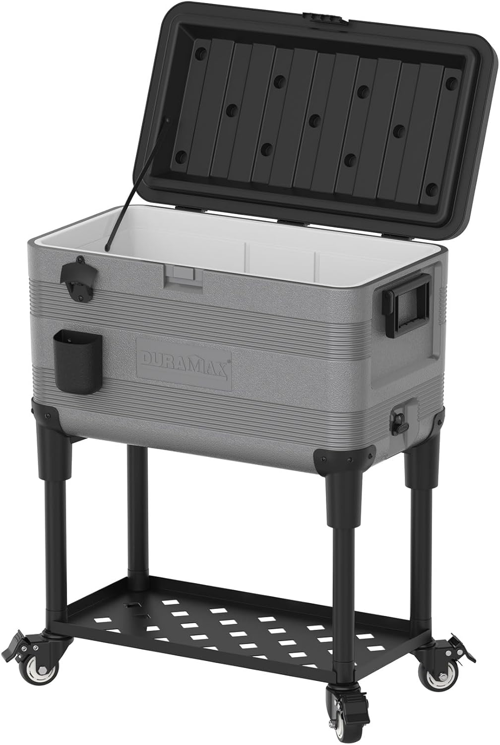 Duramax Patio Cooler 70L Icebox Beverage Cart, High Performance Cool Box with PU Insulation, Icebox with Side Handles & Caster Wheels, Bottle Opener, Extra Storage Shelf, Cooler Box, Durable Ice Chest image number 2