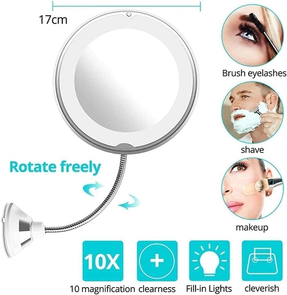 Makeup Mirror with Suction Cup,Fotrsdku 360 Degree Swivel Flexible Gooseneck, 10X Magnifying Mirror with Led Light,Vanity Mirror,Perfect for Makeup,Contact Lenses, Cosmetics or Shaving,For Bedroom