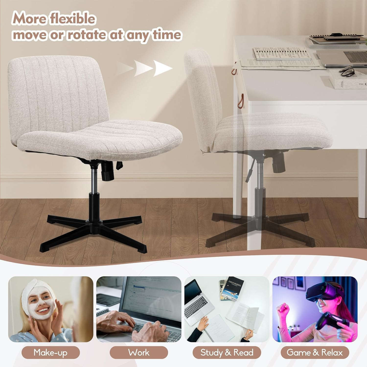 Cross Legged Desk Chair-Wide Seat Fabric Armless Chair Cloth Surface with Wheels and Back, Swivel Desk Chair for Home, Make Up, Bedroom Computer Task Chair, Beige image number 2