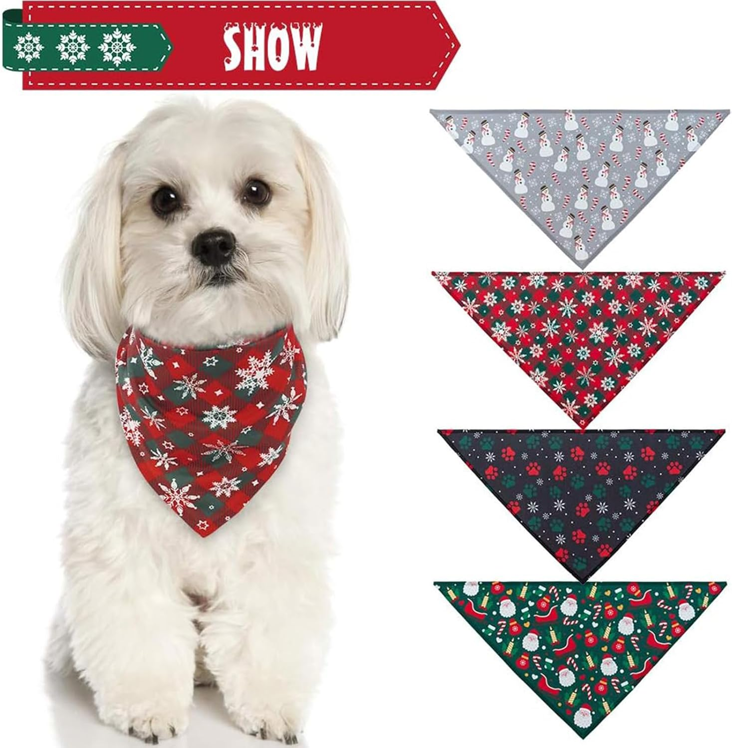 SCENEREAL Christmas Dog Bandana 4 Pack - Soft and Breathable Pet Triangle Scarf Bibs, Full of Chirstmas Element Patterns, for Dogs and Cats image number 2