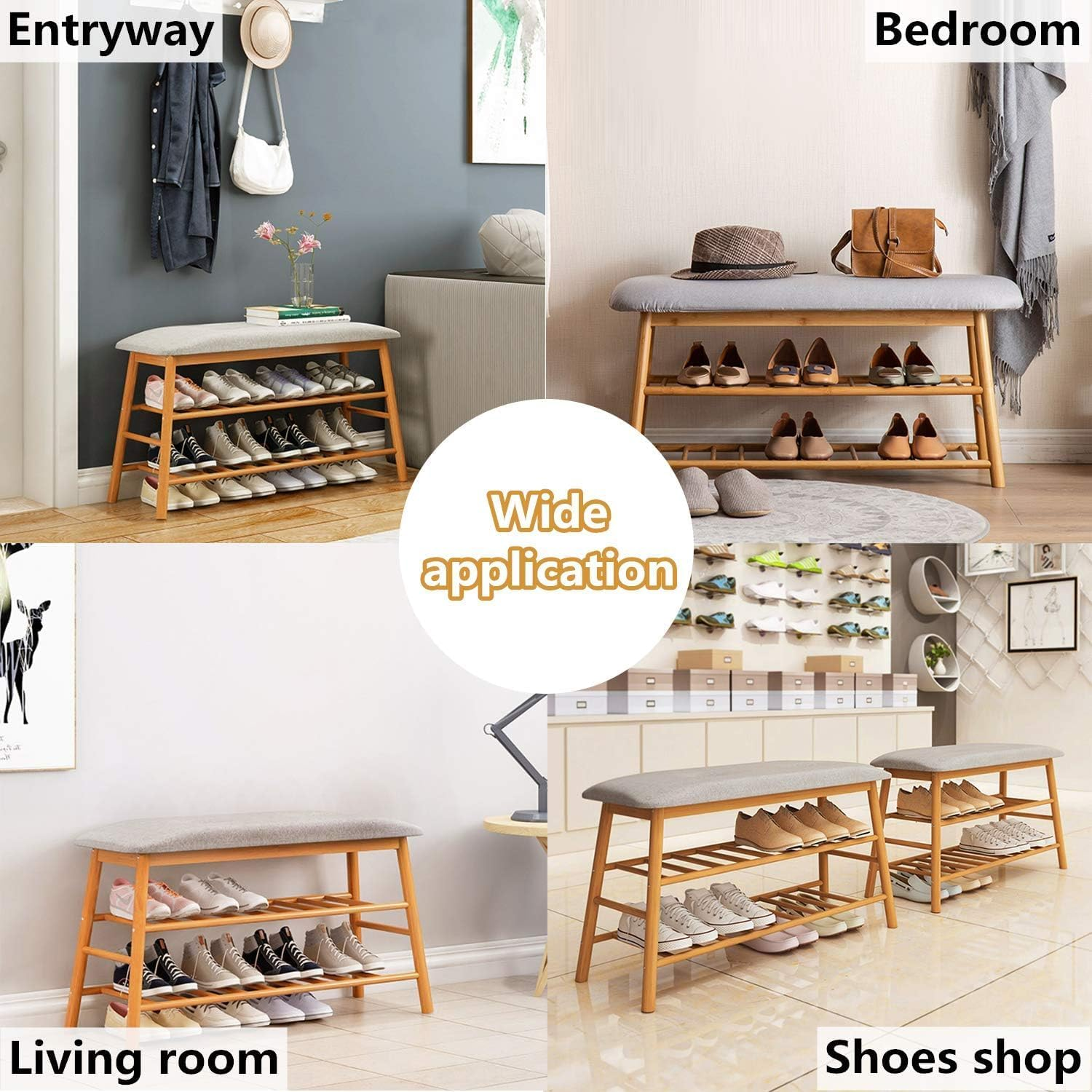 Bamboo Shoes Bench Seat Shoe Rack 2 Tier Storage Stool Rack with Hidden Storage Compartment for Entryway Hallway Bedroom Living Room Shoes Shop (91 * 27 * 44Cm) image number 5