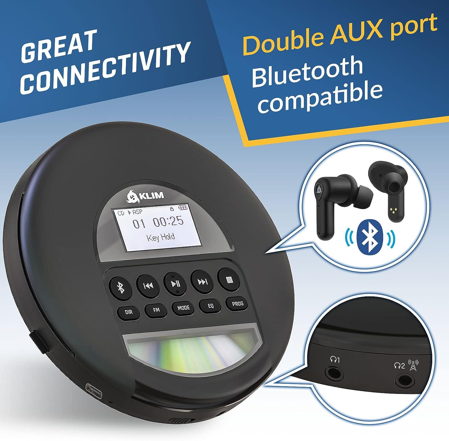 KLIM Nomad - New - Portable CD Player Walkman with Long-Lasting Battery - with Headphones - Radio FM - Compatible MP3 CD Player Portable - TF Card Radio FM Bluetooth - Ideal for Cars - Black image number 4