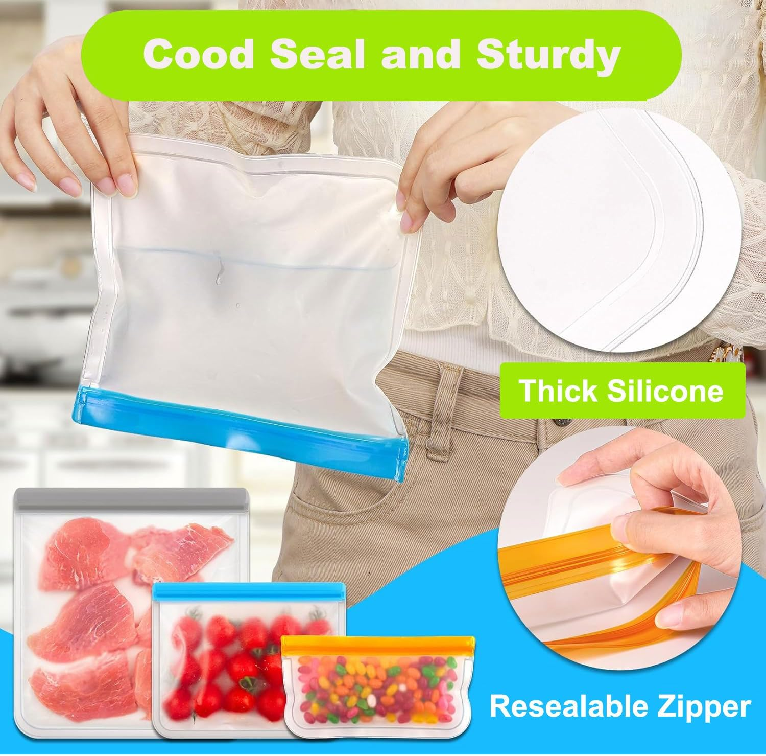 10 Pack Reusable Food Storage Bags, BPA Free PEVA Reusable Freezer Bags, Extra Thick & Leakproof, Silicone Bag with Zipper, 3 Sizes for Marinate Meats, Sandwich, Snack, Cereal, Travel Item image number 1