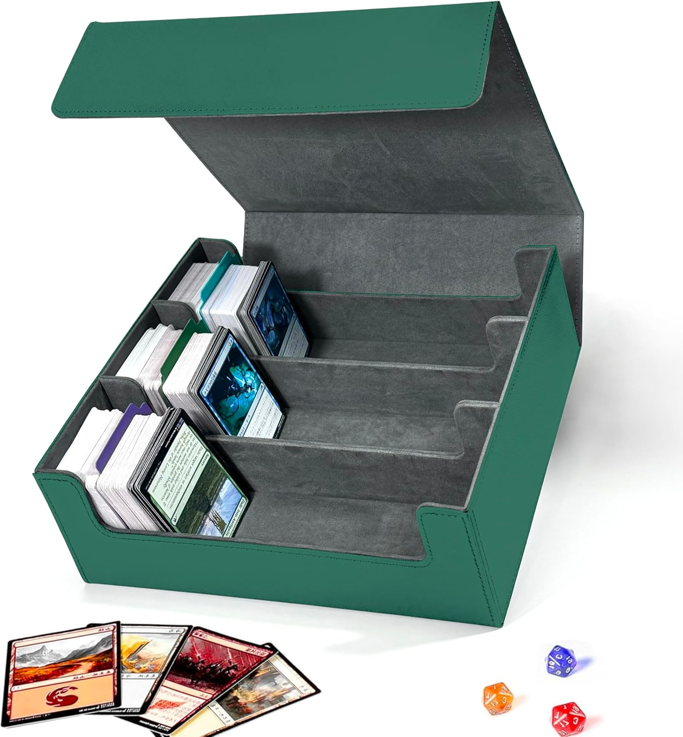 PU Leather Card Deck Case for Trading Cards, Magnetic Closure 1800+ Card Storage Box, Commander Card Holder Suitable for Magic Game Cards (Green&Grey) image number 1