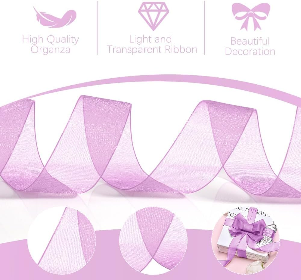 Purple Ribbon for Gift Wrapping - 1 Inch 50 Yards Light Purple Sheer Tulle for Crafts, Flower Bouquet, Holiday, Candy, Presents and Hair - Thin Gift Ribbon image number 2