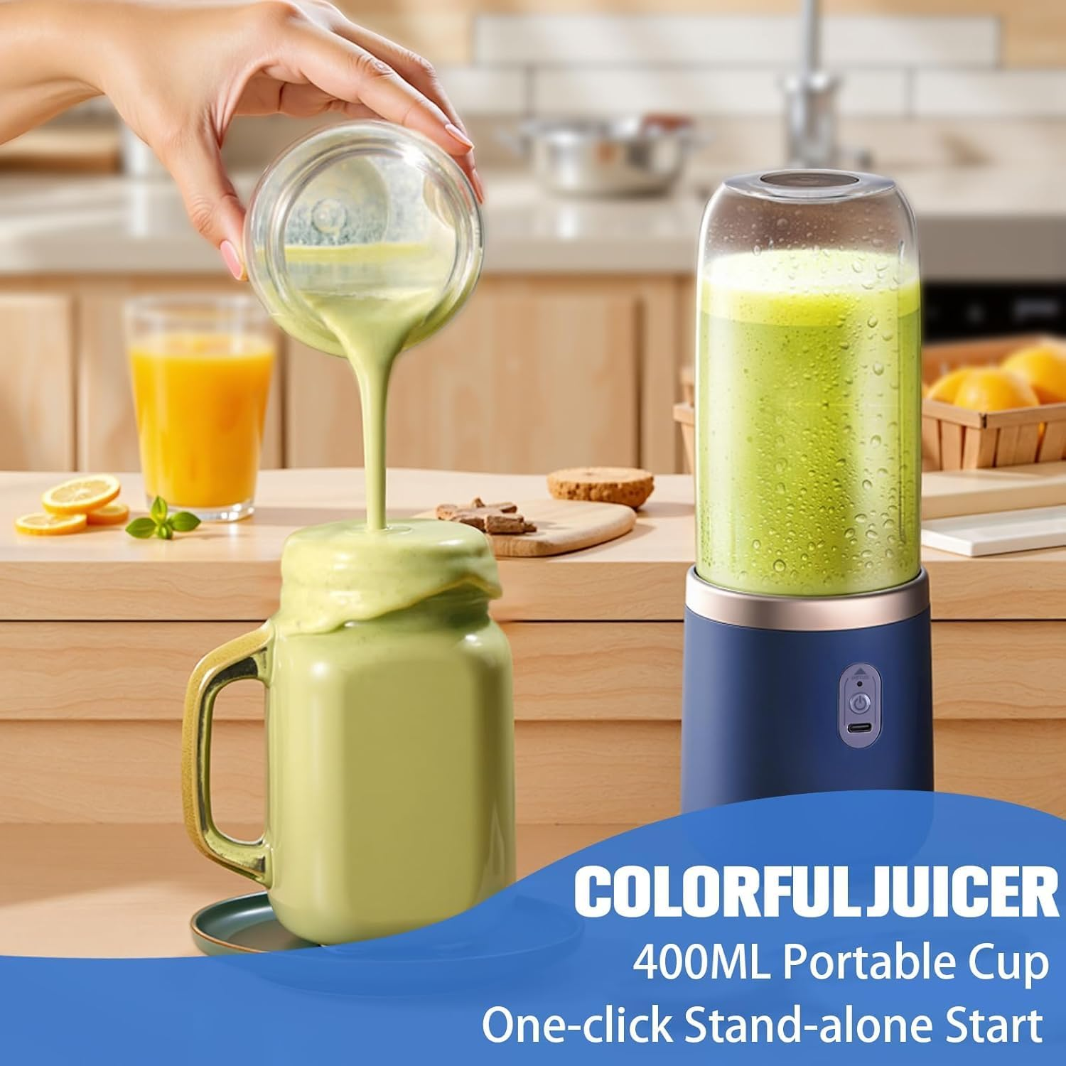 Portable Blender, Wireless Juicer, USB Rechargeable Smoothie Blend with 6 Sharp Blades and Double Cup, Travel Lid, Waterproof Blender for Kitchen with Seal Cover, for Outdoor Office Travel (Blue) image number 4