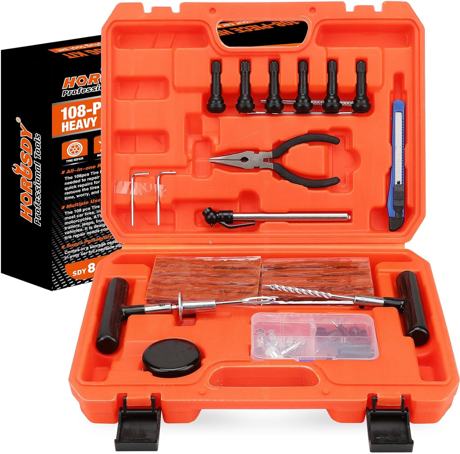 HORUSDY 108-Piece Tyre Puncture Repair Kit, Heavy Duty Tire Tube Recovery Plugs off Road Flat Tyre Car 4WD Motorcycle with Storage Case image number 2