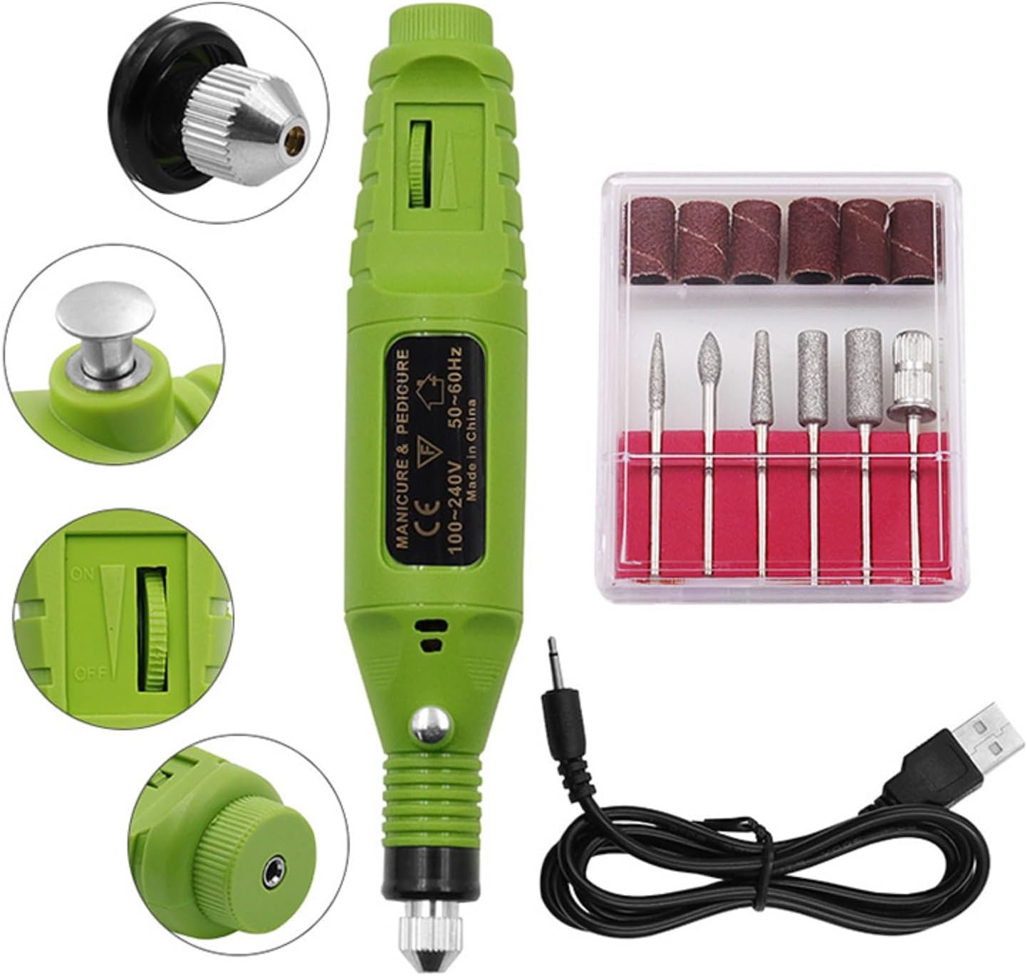 YIMART USB Electric Nail Drill - Portable Professional Manicure Pedicure Machine for Gel Nails with 6 Drill Bits, Polishing and Art Tools Kit (Green) image number 1