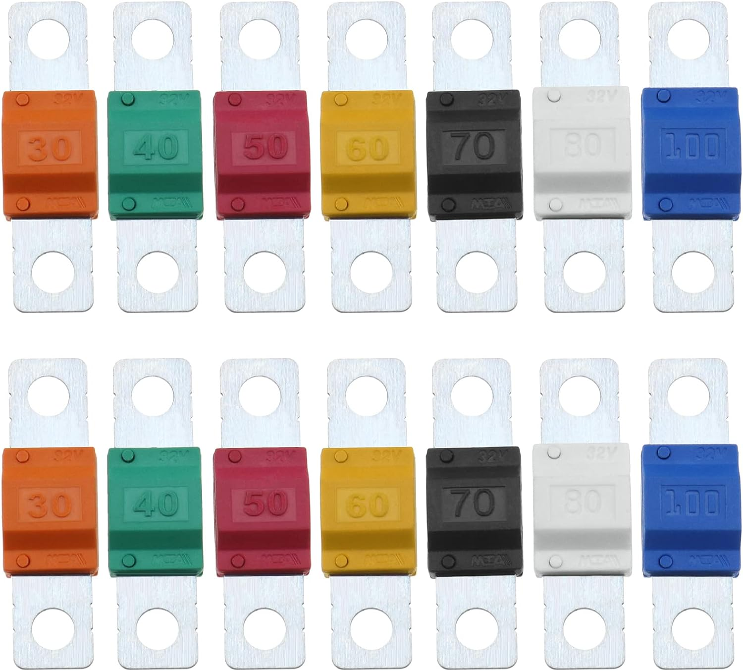 14PCS Midi Fuses 30/40/50/60/70/80/100Amp 32V Automobile Fuse Bolt-On Fuse for Marine Power System Electric Hybrid Vehicle Automobiles DC Motor Car Audio image number 1