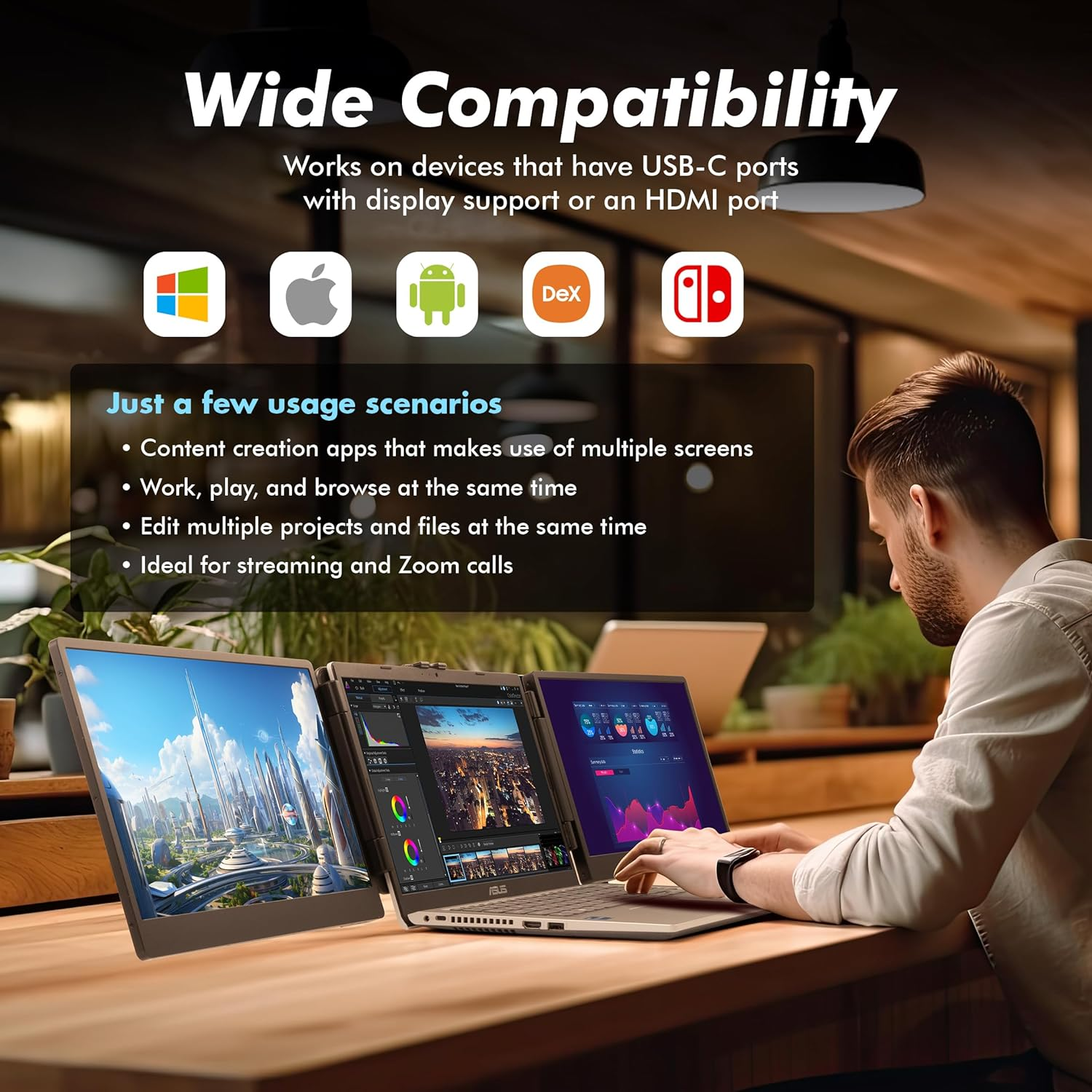 Full HD Portable Monitor for Laptop - 13.3&rdquo; Tri-Screen Laptop Monitor Extender with Single Cable Connection Capability - Laptop Screen Extender for 13&rdquo;-17&rdquo; Laptops - Works with Windows, Mac, Android image number 5