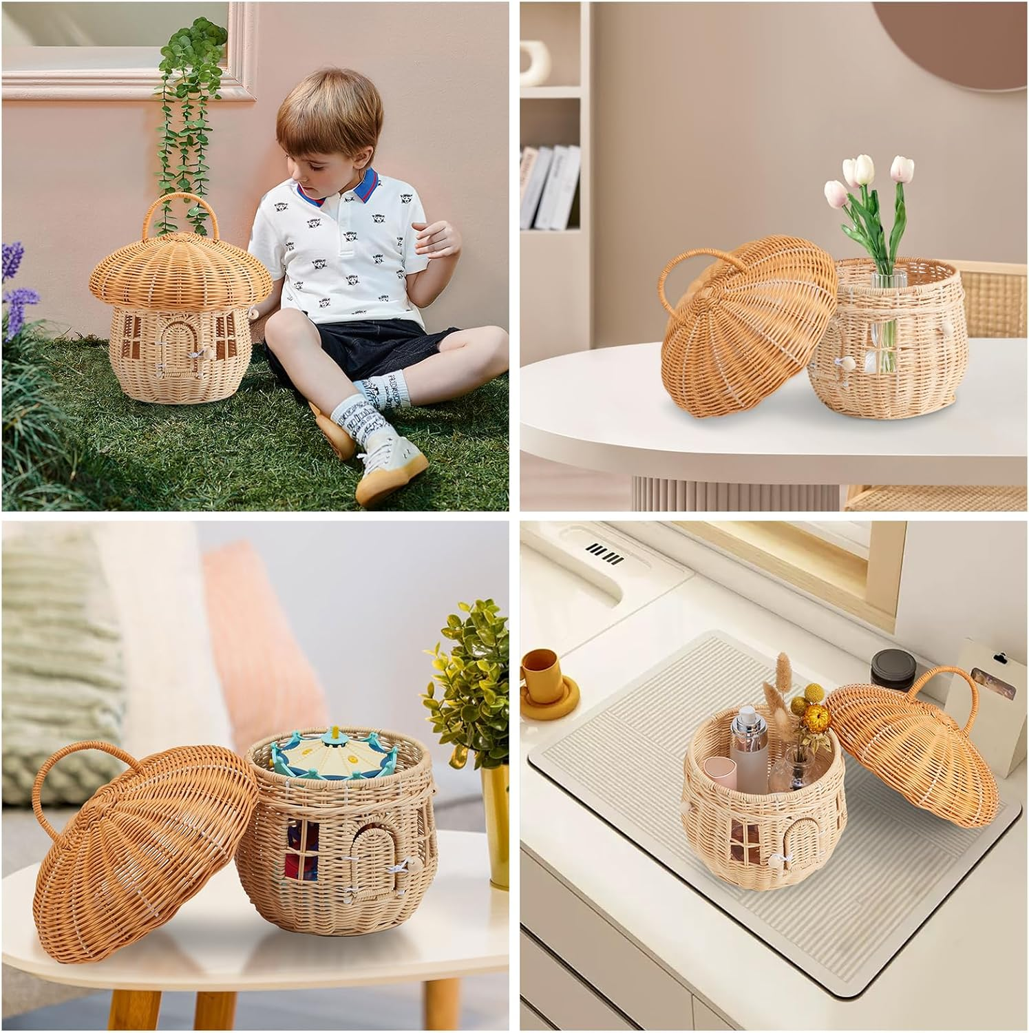 Handmade Wicker Mushroom-Shaped Storage Basket for Outdoor, Kids, Decor, Photography Props