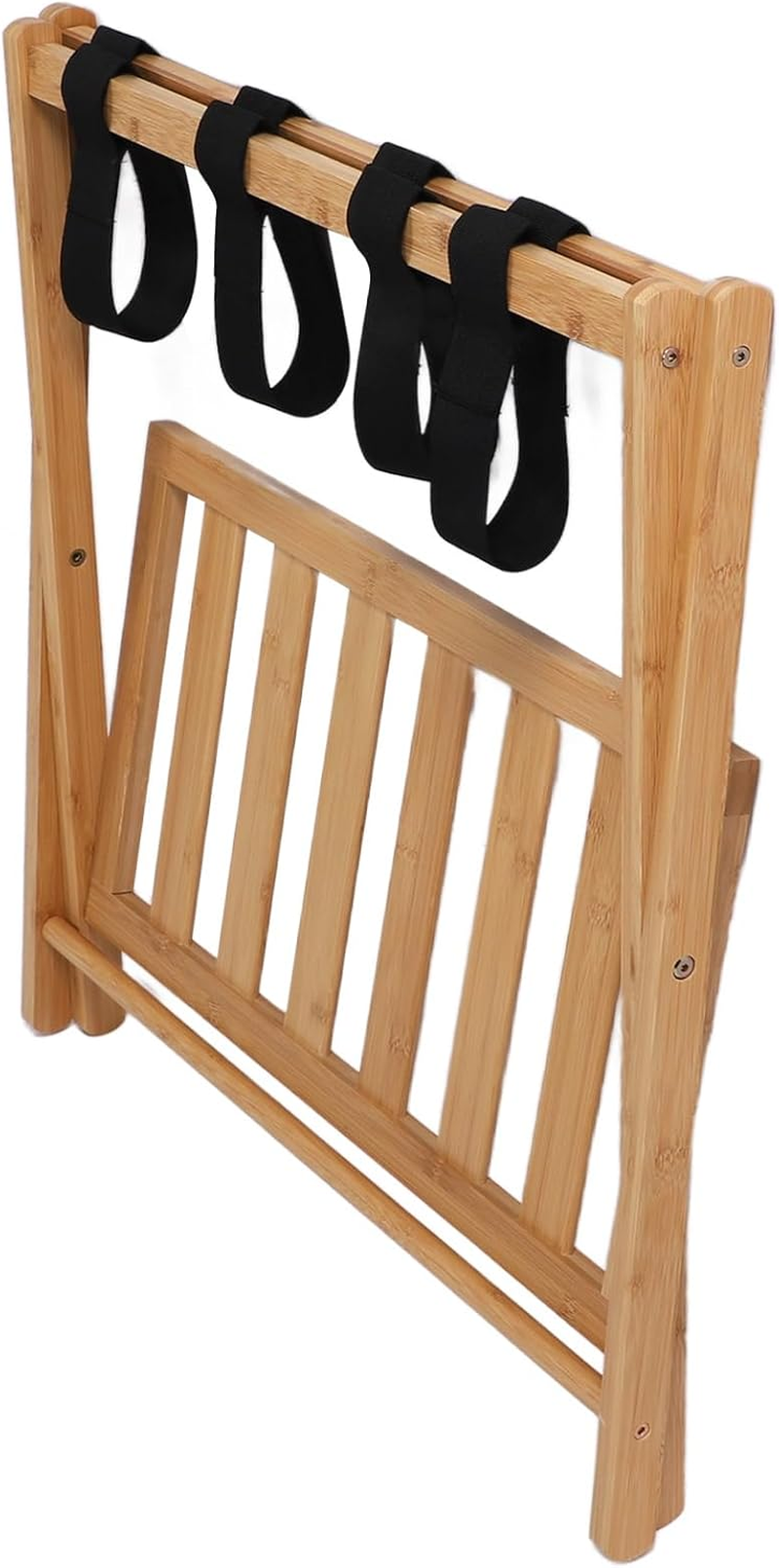 Foldable Luggage Rack, Bamboo Folding Luggage Rack with Lower Storage Shelf, 4 Heavy Duty Straps Folding Suitcase Stand, Ideal for Bedroom, Hotel